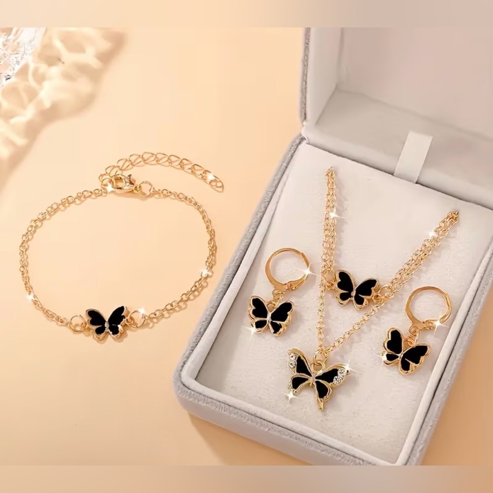 Elegant Gold Butterfly Jewelry Set with Black Enamel New